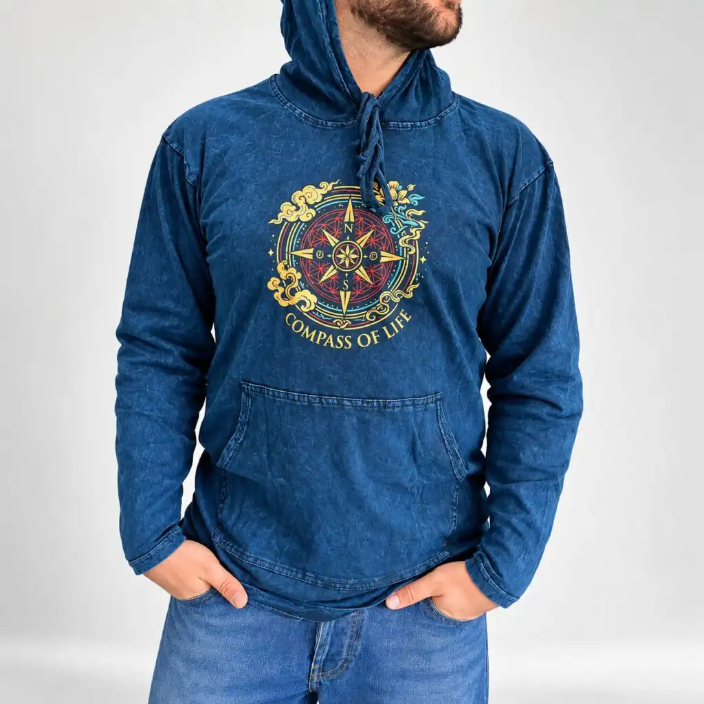 XLarge Stone Washed Hoody Shirt Kangaroo Pocket - Blue Compass of Life